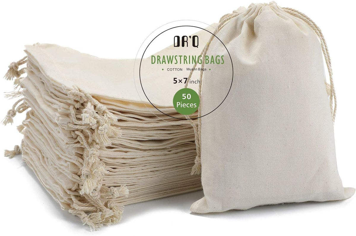 Cotton Drawstring Bags – 5x7 Inch Muslin Gift Pouches, 50 Pack, Unbleached